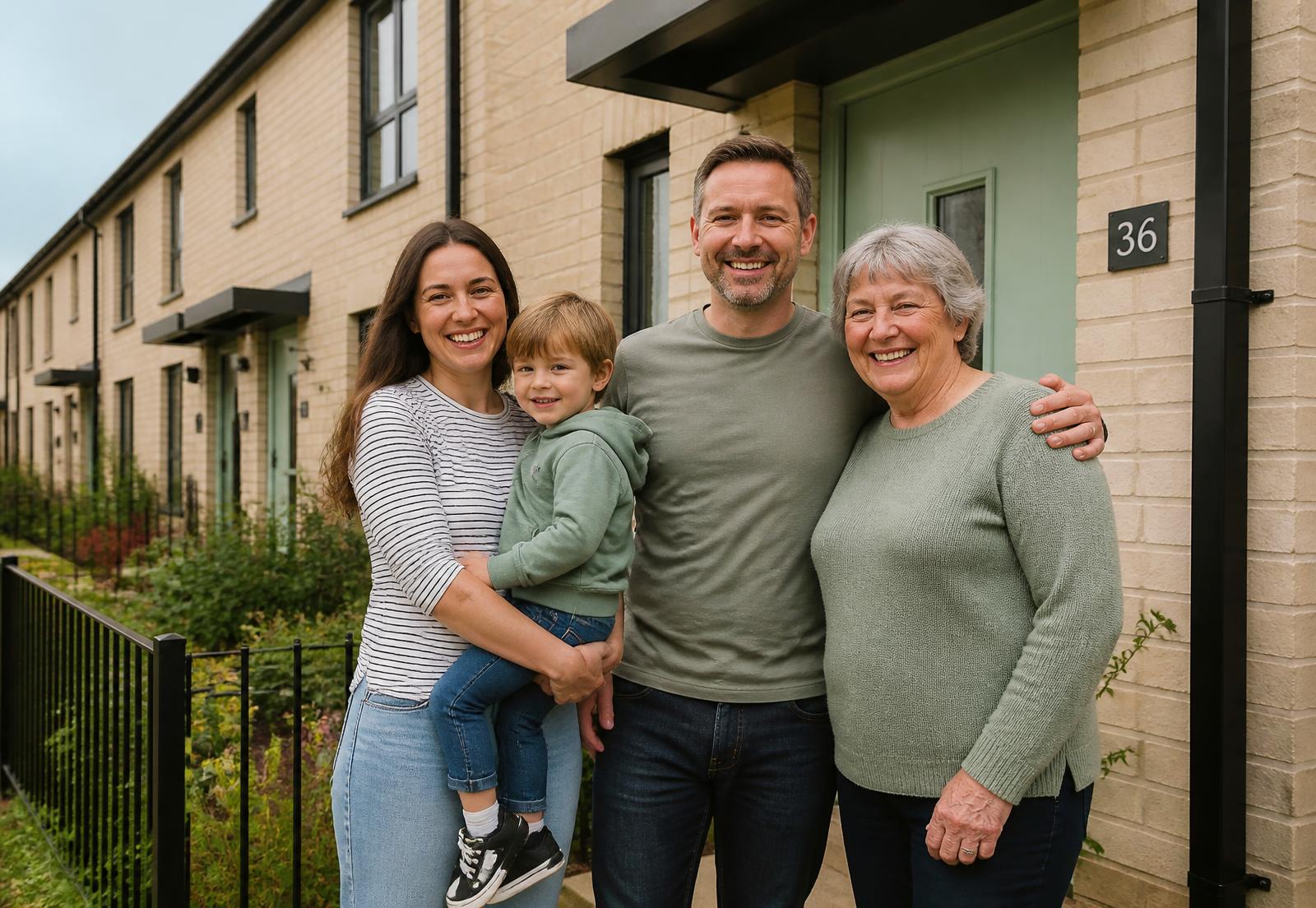A family standing outside their new Desire home
